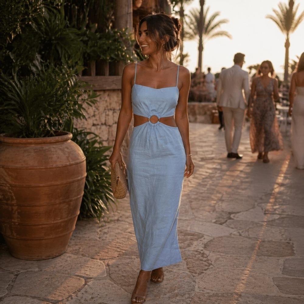 Rumer Avalon Ring Maxi Dress Powder Blue Linen Cut-Out  L Revolve Wedding Guest